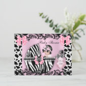 赤ちゃんシャワーかわいい赤ちゃん女の子ピンクゼブラカウレース3 招待状 (スタンド正面)