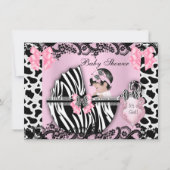 赤ちゃんシャワーかわいい赤ちゃん女の子ピンクゼブラカウレース3 招待状 (正面)