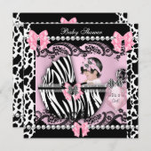 赤ちゃんシャワーかわいい赤ちゃん女の子ピンクゼブラカウレース 招待状 (正面/裏面)