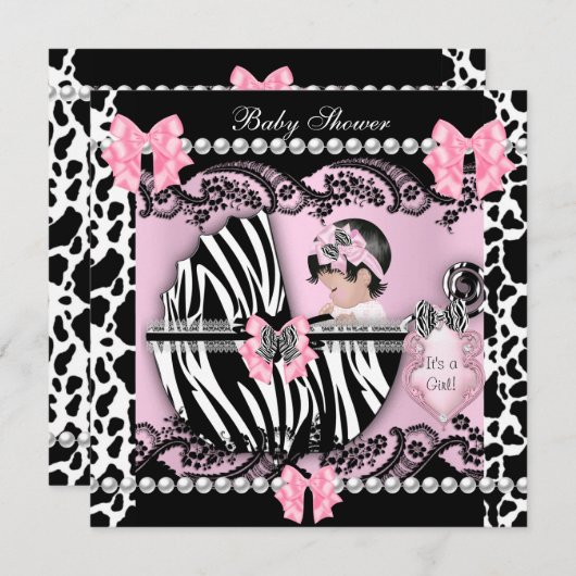 赤ちゃんシャワーかわいい赤ちゃん女の子ピンクゼブラカウレース 招待状 (正面/裏面)