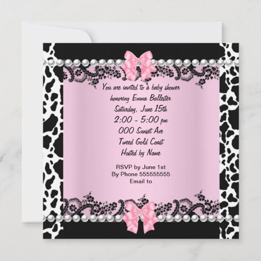 赤ちゃんシャワーかわいい赤ちゃん女の子ピンクゼブラカウレース 招待状 (裏面)