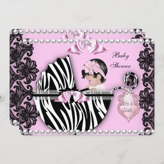 赤ちゃんシャワーかわいい赤ちゃん女の子ピンクゼブラグラム2 招待状 (正面/裏面)