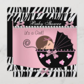 赤ちゃんシャワーかわいい赤ちゃん女の子ピンクゼブラプリント 招待状 (正面/裏面)