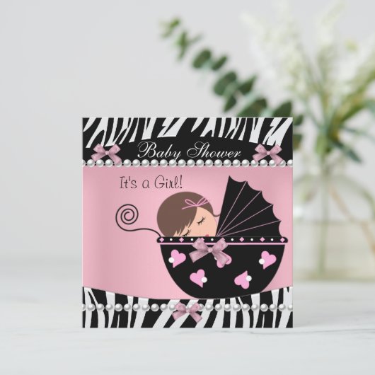 赤ちゃんシャワーかわいい赤ちゃん女の子ピンクゼブラプリント 招待状 (スタンド正面)
