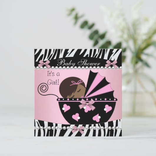 赤ちゃんシャワーかわいい赤ちゃん女の子ピンクゼブラプリント 招待状 (スタンド正面)