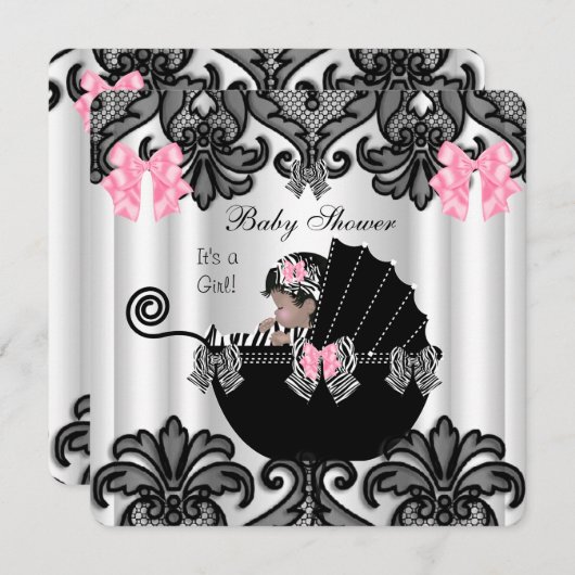 赤ちゃんシャワーかわいい赤ちゃん女の子ピンクゼブラホワイトブラック 招待状 (正面/裏面)