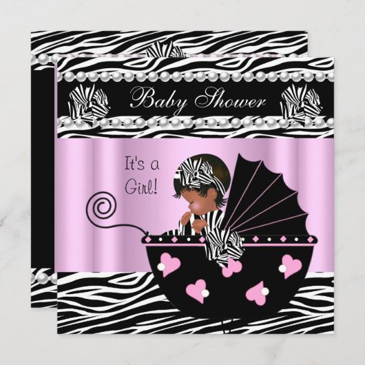 赤ちゃんシャワーかわいい赤ちゃん女の子ピンクゼブラボウ 招待状 (正面/裏面)