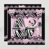 赤ちゃんシャワーかわいい赤ちゃん女の子ピンクゼブラレース新 招待状 (正面/裏面)