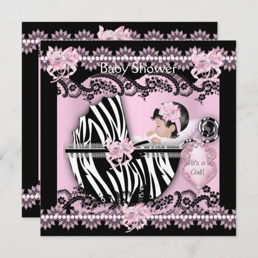 赤ちゃんシャワーかわいい赤ちゃん女の子ピンクゼブラレース新 招待状 (正面/裏面)