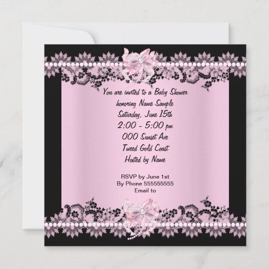 赤ちゃんシャワーかわいい赤ちゃん女の子ピンクゼブラレース新 招待状 (裏面)