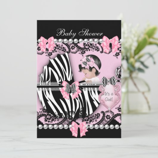 赤ちゃんシャワーかわいい赤ちゃん女の子ピンクゼブラレース2 招待状 (スタンド正面)