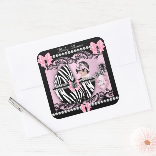 赤ちゃんシャワーかわいい赤ちゃん女の子ピンクゼブラレース スクエアシール (封筒)