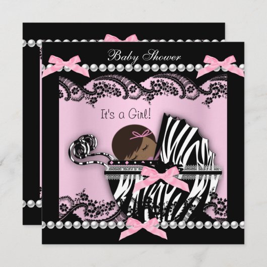 赤ちゃんシャワーかわいい赤ちゃん女の子ピンクゼブラレース 招待状 (正面/裏面)