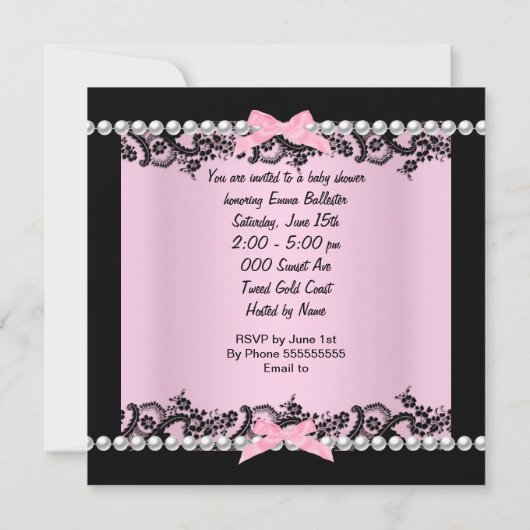 赤ちゃんシャワーかわいい赤ちゃん女の子ピンクゼブラレース 招待状 (裏面)