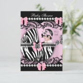 赤ちゃんシャワーかわいい赤ちゃん女の子ピンクゼブラレース 招待状 (スタンド正面)
