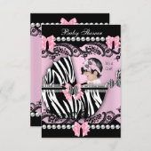赤ちゃんシャワーかわいい赤ちゃん女の子ピンクゼブラレース 招待状 (正面/裏面)
