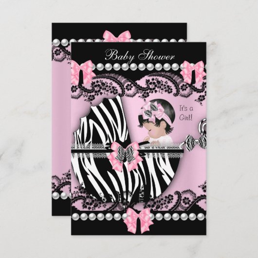 赤ちゃんシャワーかわいい赤ちゃん女の子ピンクゼブラレース 招待状 (正面/裏面)