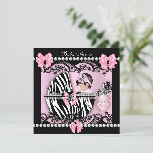赤ちゃんシャワーかわいい赤ちゃん女の子ピンクゼブラレース 招待状 (スタンド正面)