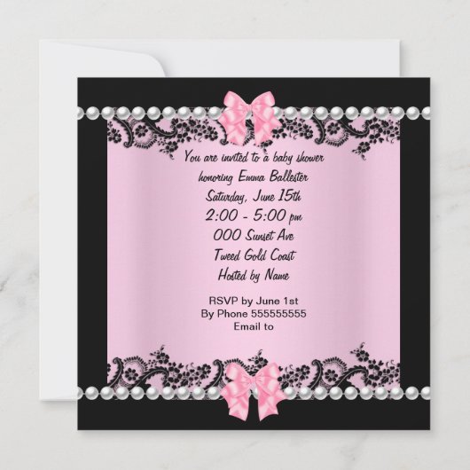 赤ちゃんシャワーかわいい赤ちゃん女の子ピンクゼブラレース 招待状 (裏面)