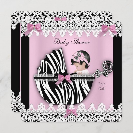 赤ちゃんシャワーかわいい赤ちゃん女の子ピンクゼブラレースA 招待状 (正面/裏面)