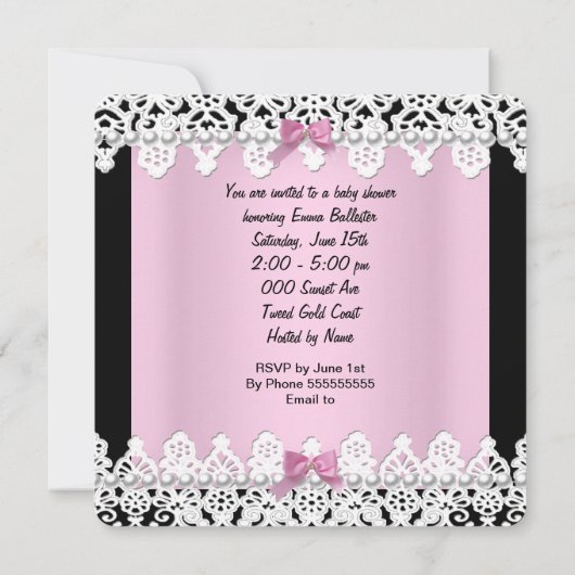 赤ちゃんシャワーかわいい赤ちゃん女の子ピンクゼブラレースA 招待状 (裏面)