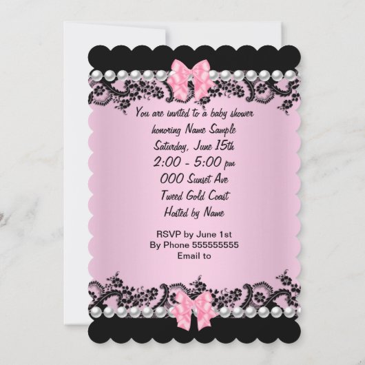 赤ちゃんシャワーかわいい赤ちゃん女の子ピンクゼブラレースSCALL 招待状 (裏面)