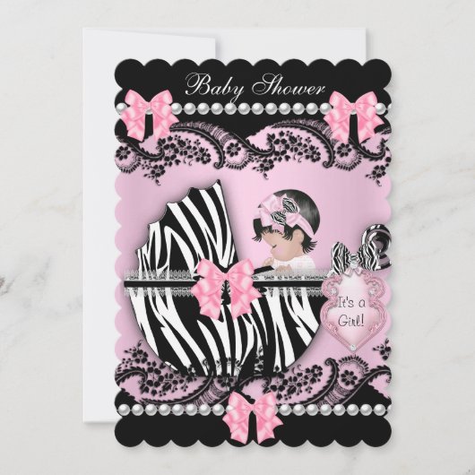 赤ちゃんシャワーかわいい赤ちゃん女の子ピンクゼブラレースSCALL 招待状 (正面)