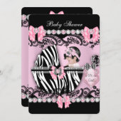 赤ちゃんシャワーかわいい赤ちゃん女の子ピンクゼブラ真珠 招待状 (正面/裏面)