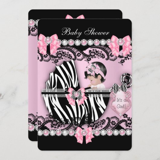 赤ちゃんシャワーかわいい赤ちゃん女の子ピンクゼブラ真珠 招待状 (正面/裏面)