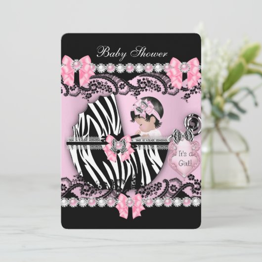 赤ちゃんシャワーかわいい赤ちゃん女の子ピンクゼブラ真珠 招待状 (スタンド正面)
