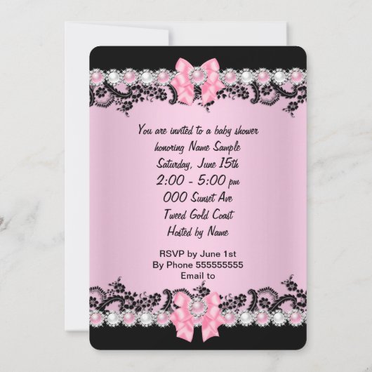 赤ちゃんシャワーかわいい赤ちゃん女の子ピンクゼブラ真珠 招待状 (裏面)