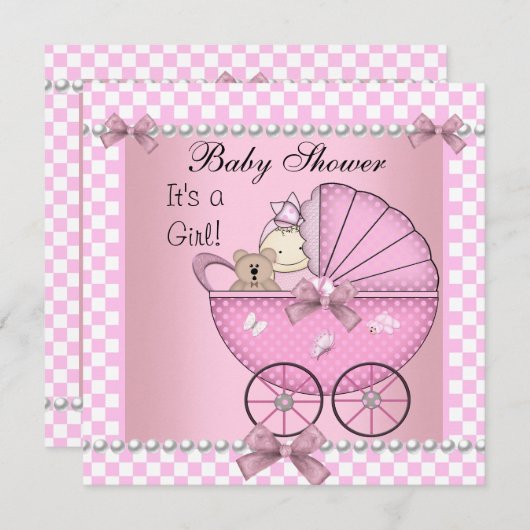 赤ちゃんシャワーかわいい赤ちゃん女の子ピンクチェックパム 招待状 (正面/裏面)