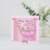 赤ちゃんシャワーかわいい赤ちゃん女の子ピンクチェックパム 招待状 (スタンド正面)