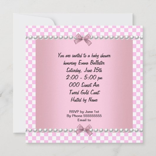 赤ちゃんシャワーかわいい赤ちゃん女の子ピンクチェックパム 招待状 (裏面)