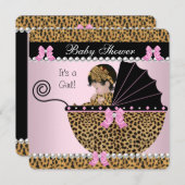 赤ちゃんシャワーかわいい赤ちゃん女の子ピンクヒョウ弓2 招待状 (正面/裏面)