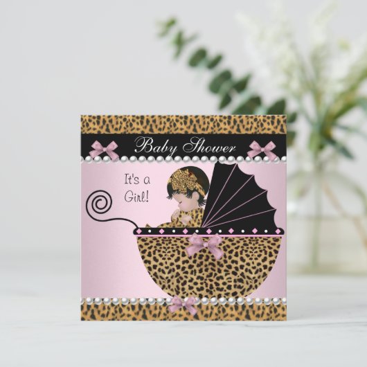 赤ちゃんシャワーかわいい赤ちゃん女の子ピンクヒョウ弓 招待状 (スタンド正面)