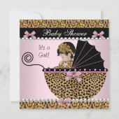 赤ちゃんシャワーかわいい赤ちゃん女の子ピンクヒョウ弓 招待状 (正面)