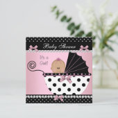 赤ちゃんシャワーかわいい赤ちゃん女の子ピンクブラックボウ 招待状 (スタンド正面)
