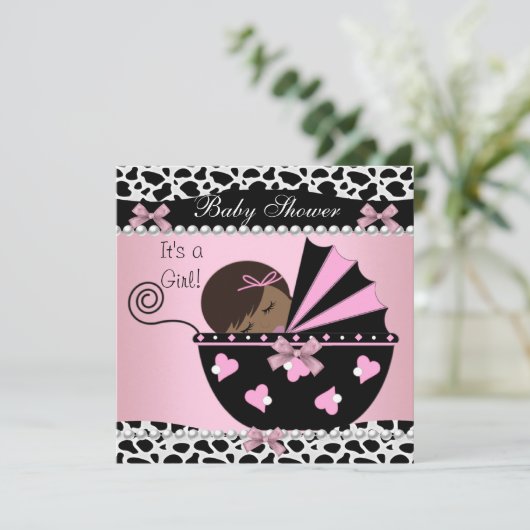 赤ちゃんシャワーかわいい赤ちゃん女の子ピンク牛プリント 招待状 (スタンド正面)