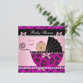 赤ちゃんシャワーかわいい赤ちゃん女の子ホットピンクヒョウ 招待状 (スタンド正面)