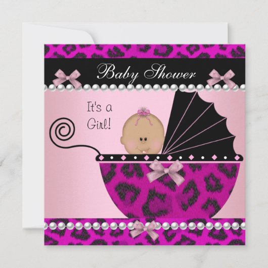 赤ちゃんシャワーかわいい赤ちゃん女の子ホットピンクヒョウ 招待状 (正面)