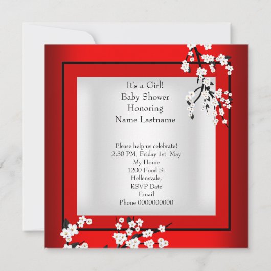 赤ちゃんシャワーかわいい赤ちゃん女の子レッドブロッサムブラックAM4 招待状 (裏面)