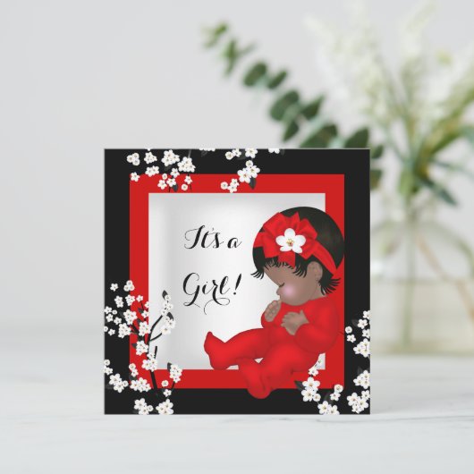 赤ちゃんシャワーかわいい赤ちゃん女の子レッドブロッサムブラックAM5 招待状 (スタンド正面)
