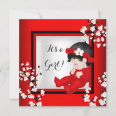 赤ちゃんシャワーかわいい赤ちゃん女の子レッドブロッサムブラックC4 招待状 (正面)