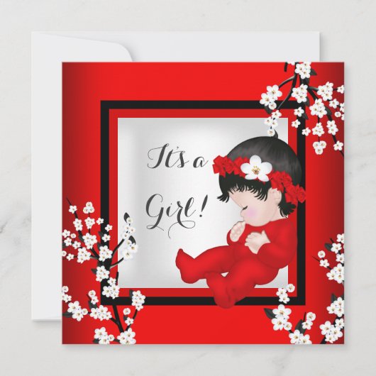 赤ちゃんシャワーかわいい赤ちゃん女の子レッドブロッサムブラックC4 招待状 (正面)