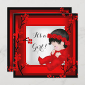 赤ちゃんシャワーかわいい赤ちゃん女の子レッドブロッサム白黒 招待状 (正面/裏面)