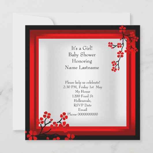 赤ちゃんシャワーかわいい赤ちゃん女の子レッドブロッサム白黒 招待状 (裏面)