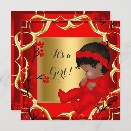 赤ちゃんシャワーかわいい赤ちゃん女の子レッドブロッサム金ゴールドAM 4 招待状 (正面/裏面)