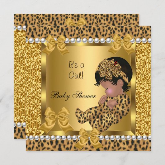 赤ちゃんシャワーかわいい赤ちゃん女の子金ゴールドヒョウ 招待状 (正面/裏面)