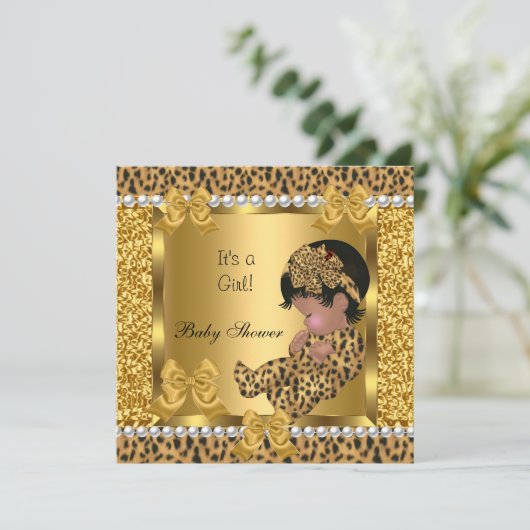 赤ちゃんシャワーかわいい赤ちゃん女の子金ゴールドヒョウ 招待状 (スタンド正面)